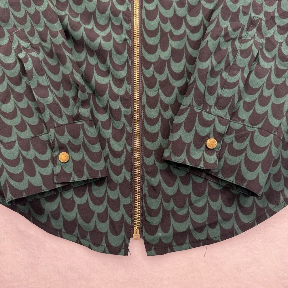 Michael Kors Green Leopard Print zip front blouse top gold locket zip Small